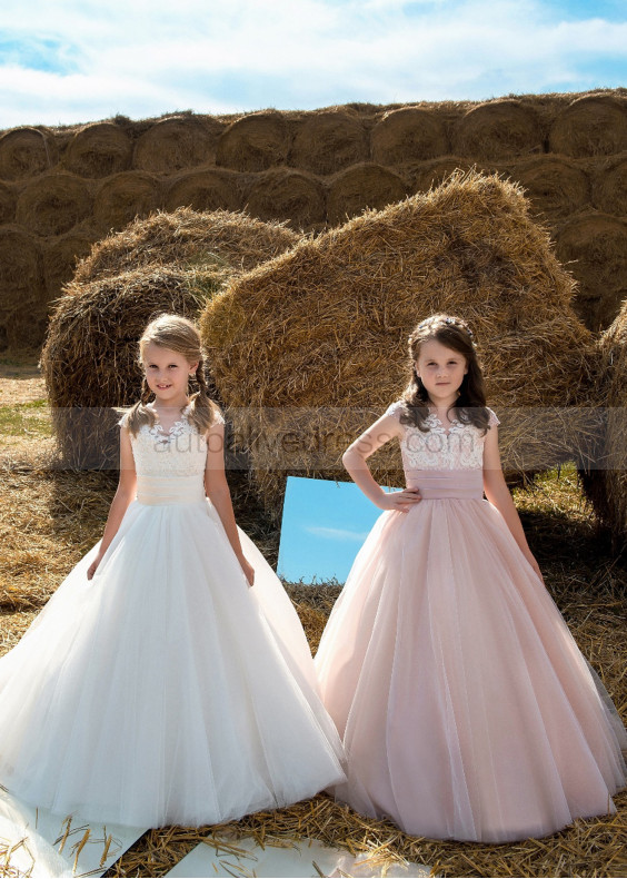 Beaded Check Lace Tulle Buttons Back Flower Girl Dress